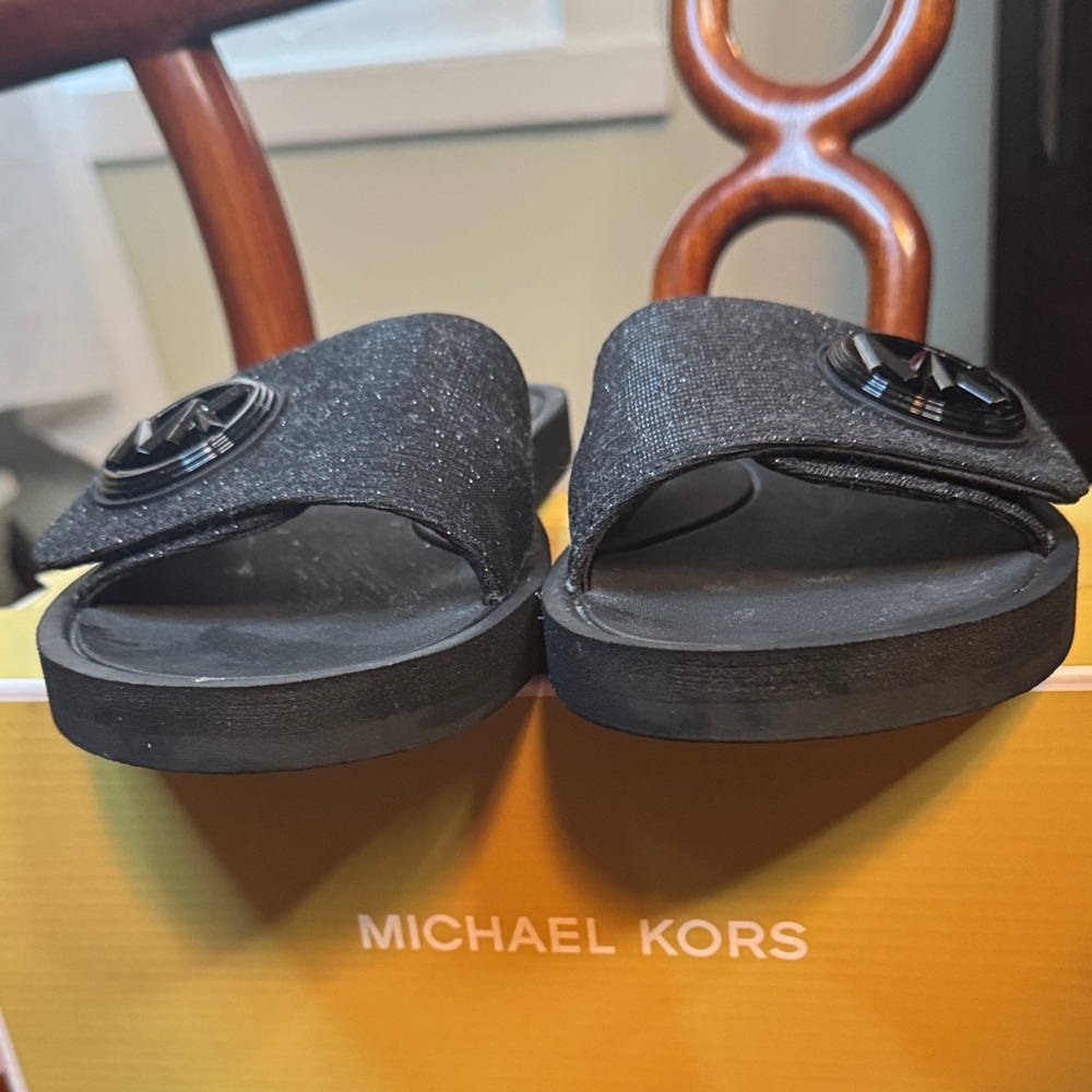 EUC Michael Kors Glitter Black Slides Velcro Closure Size 8 MK Charm  Branding - Picture 6 of 14